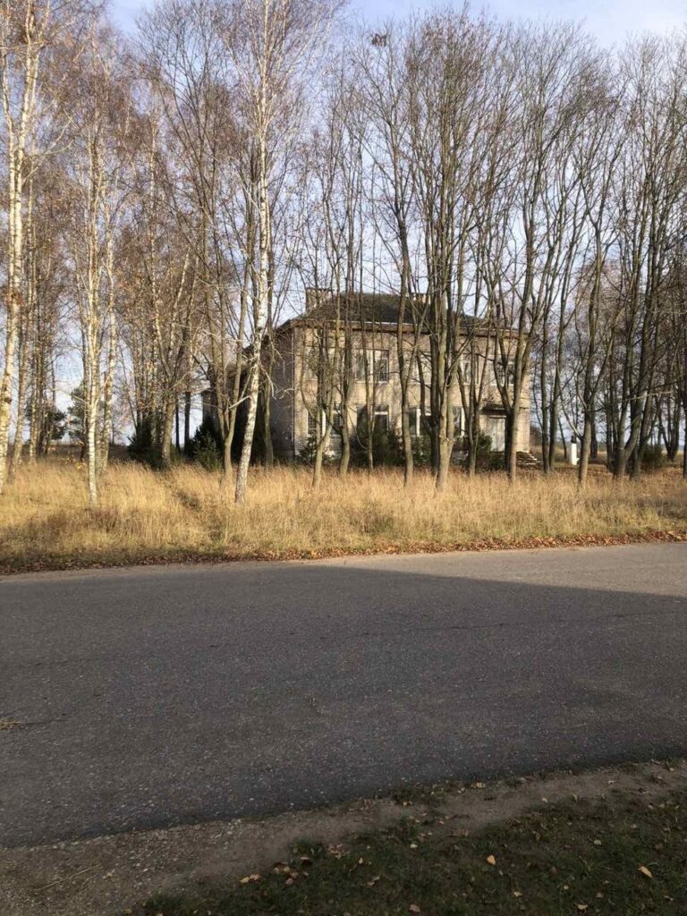 В солнечный день большой старинный дом частично скрывается за безлистными деревьями и высокой сухой травой, а на переднем плане пролегает асфальтированная дорога.